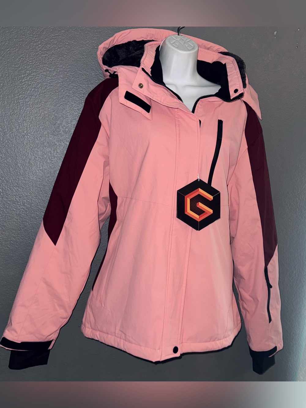 Women's Snow Winter Pink & Burgundy Ski Hooded Warm Jacket New XL